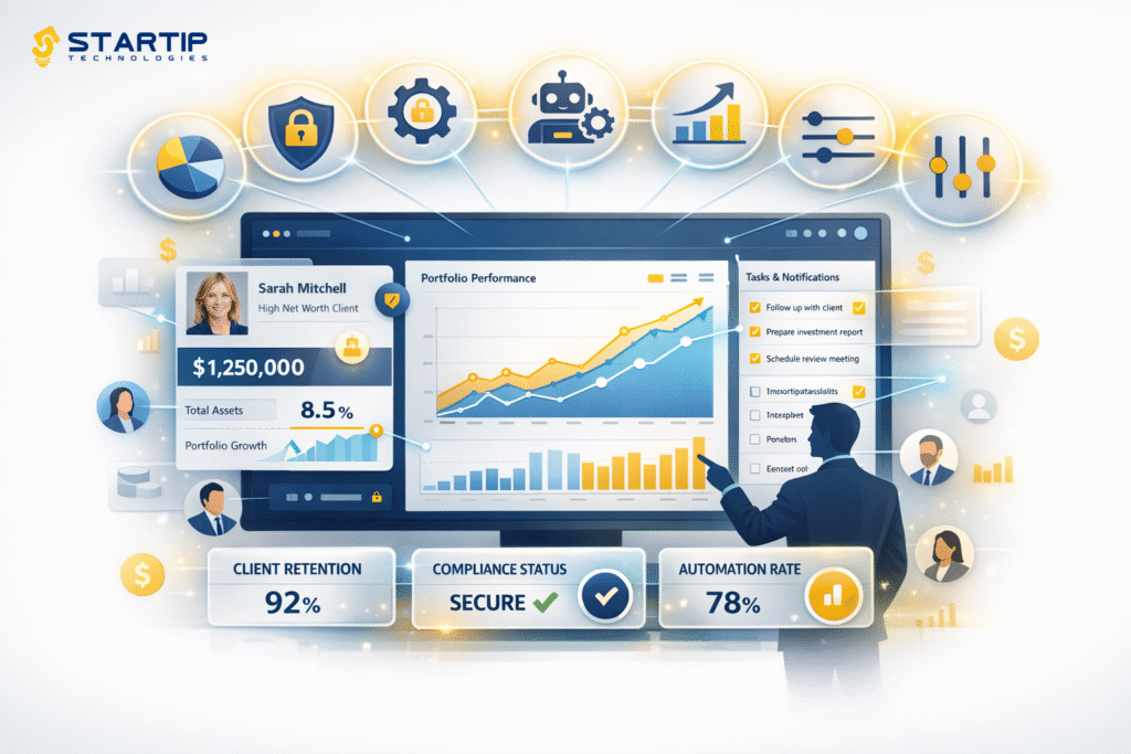 CRM software dashboard for financial advisors showing client data, compliance tools, and performance analytics