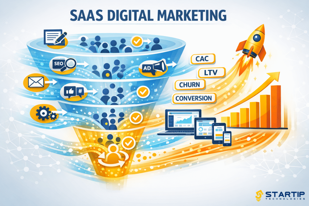 SaaS digital marketing strategy showing full-funnel growth from acquisition to retention