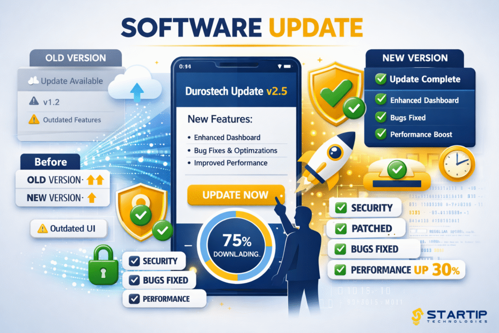 Latest software updates Durostech dashboard showing new features, performance improvements, and enhanced security updates